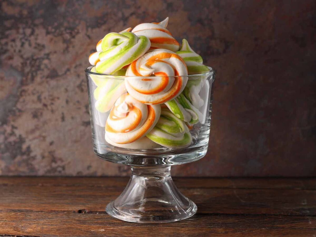 Several Tangerine Dream Meringue Swirls in a glass bowl.