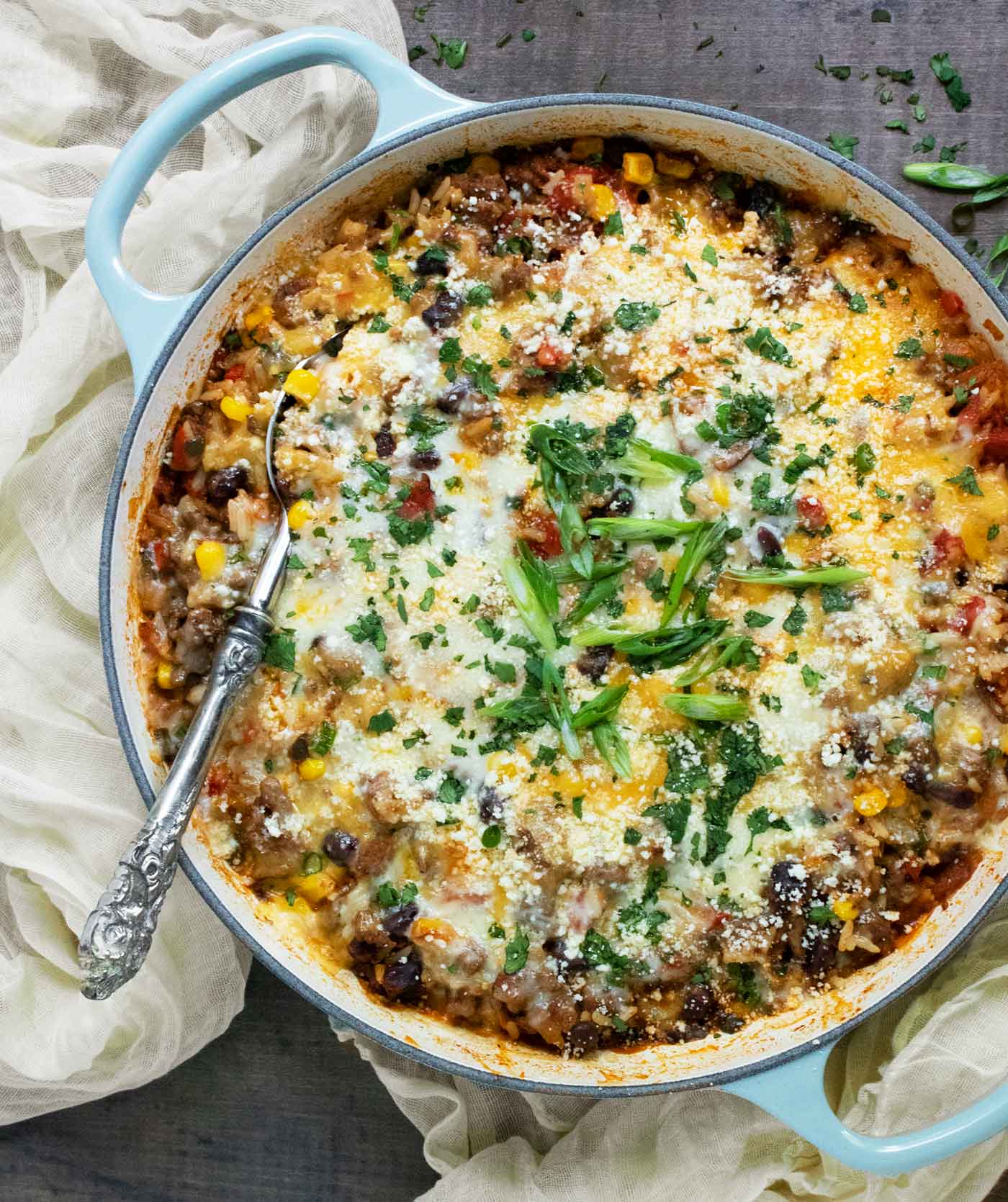 Close-up of Tex-Mex Beef and Rice in a skillet.