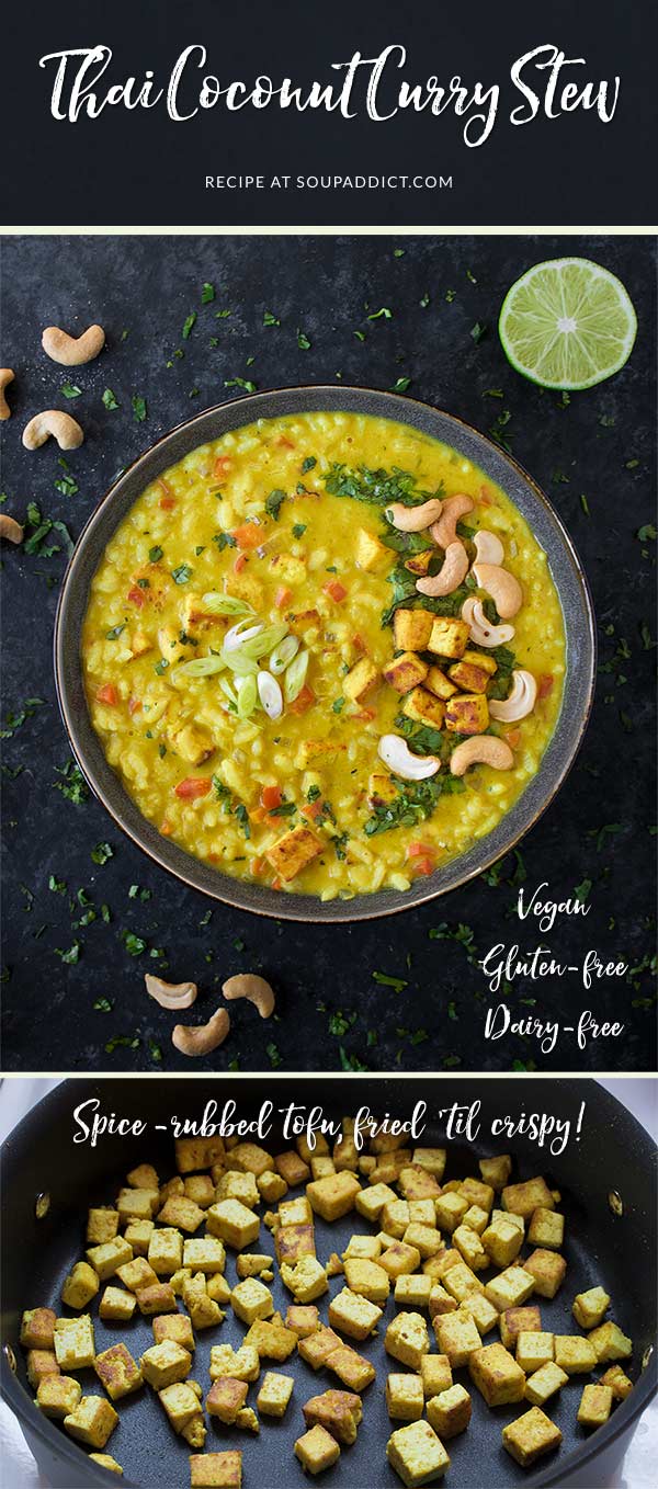 Thai Coconut Curry Stew - a warming, comfort food meal that's perfectly spiced with savory curry and Thai flavors like ginger, lemongrass, and kaffir leaves. Pan-fried, curry-rubbed tofu and rice round out this filling, satisfying stew. Recipe at SoupAddict.com | vegetarian stew | stew recipe | healthy stew | vegan stew | gluten-free | coconut curry soup | thai stew | tofu | food in bowls