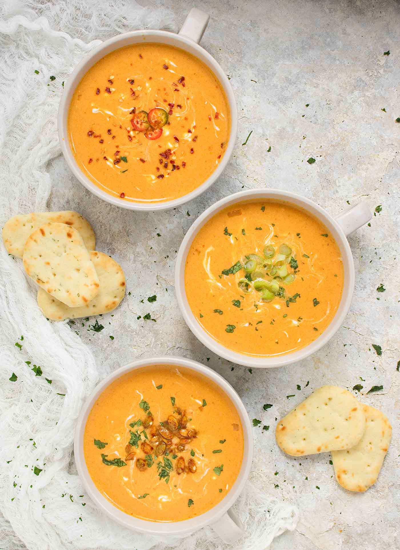 Three bowls of Thai Pumpkin Soup