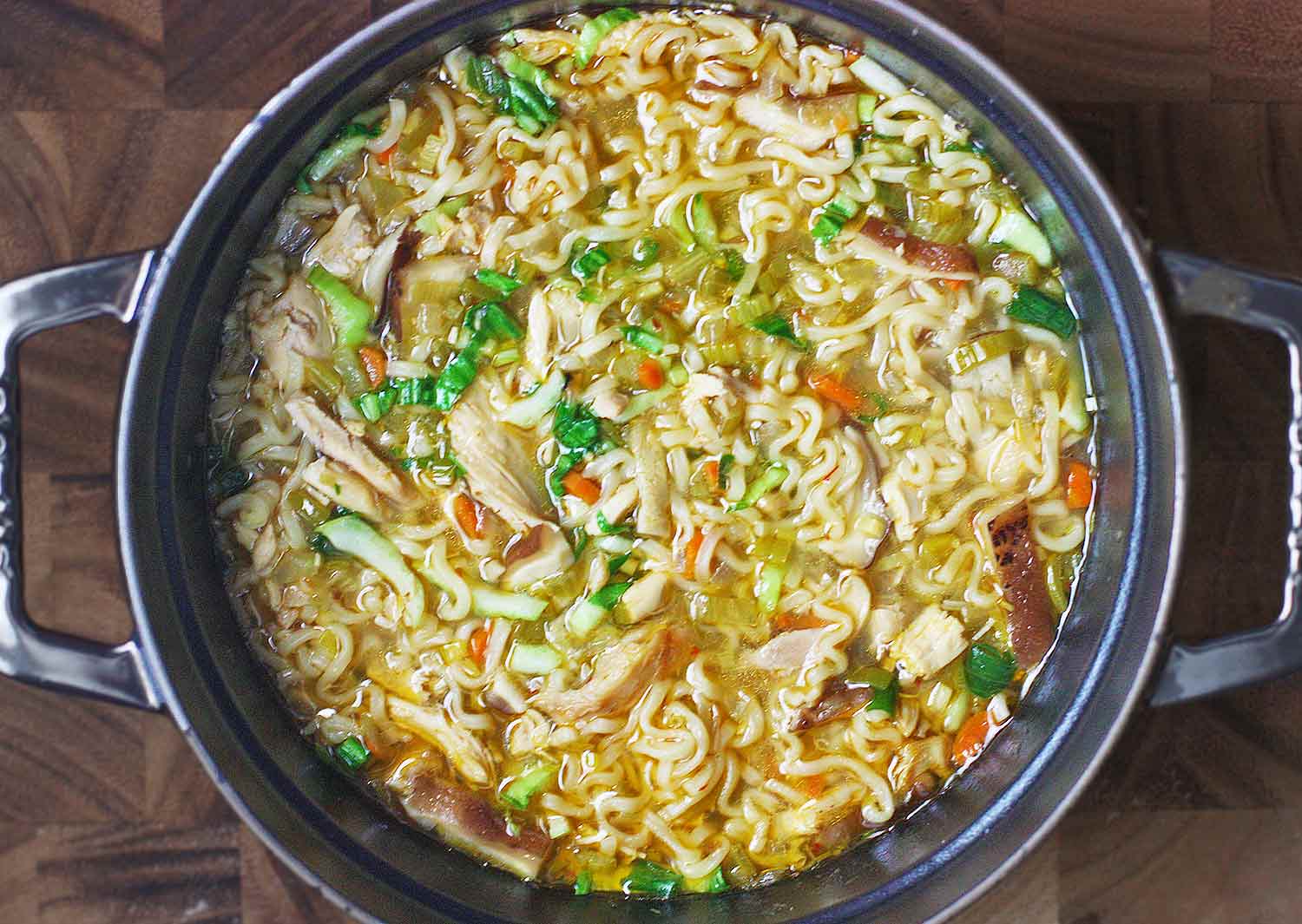 Thai Ramen Noodle Chicken Soup in a large Dutch oven.