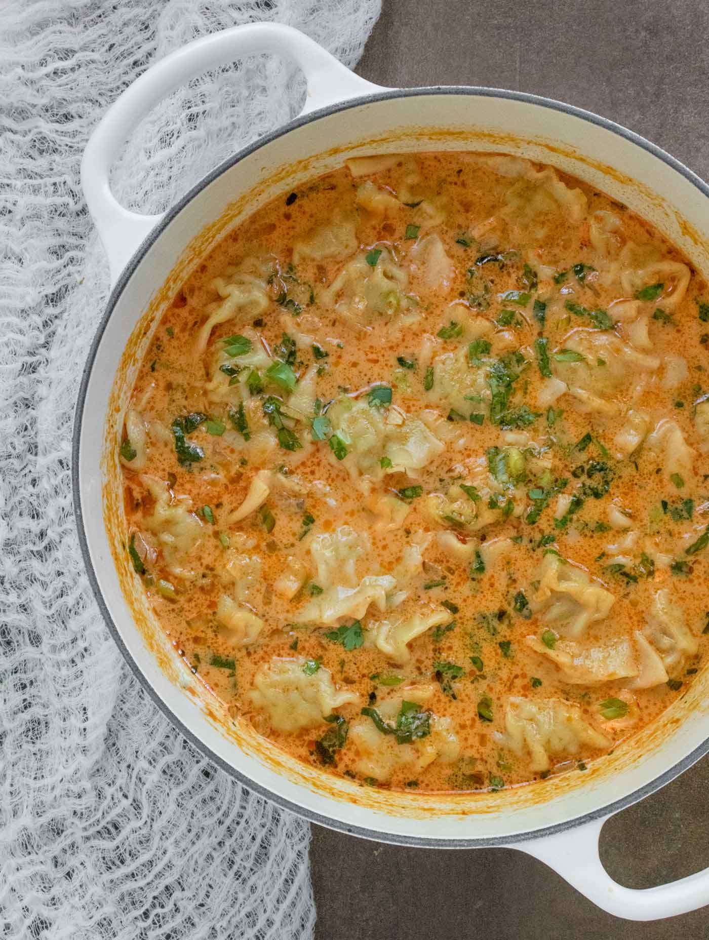 Overhead view of dumpling soup in a large white Dutch oven.