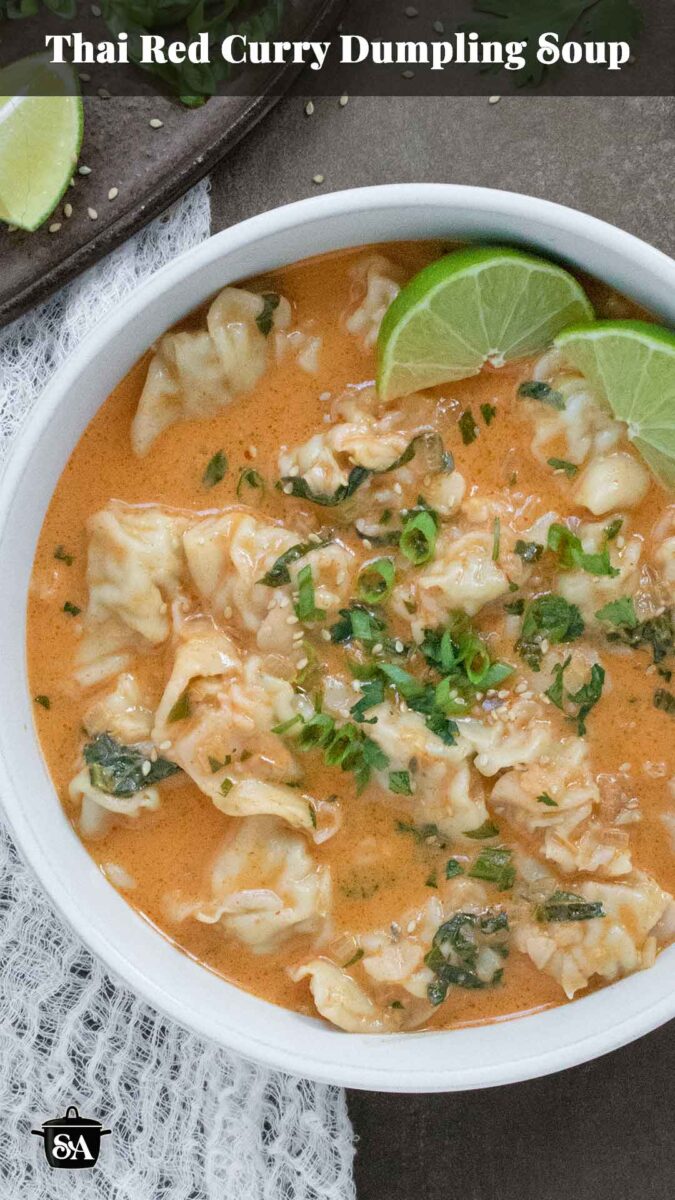 Pinterest pin image for Thai Red Curry Dumpling Soup, featuring a photo of the soup from above.