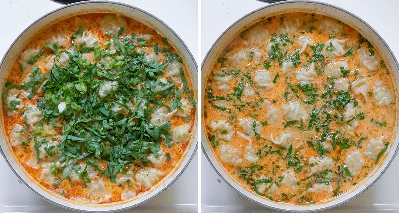Finishing the soup by adding spinach, green onions, and cilantro.