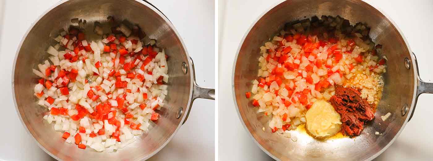 Visuals of steps 1 and 2 for making Thai Red Curry Noodle Soup.