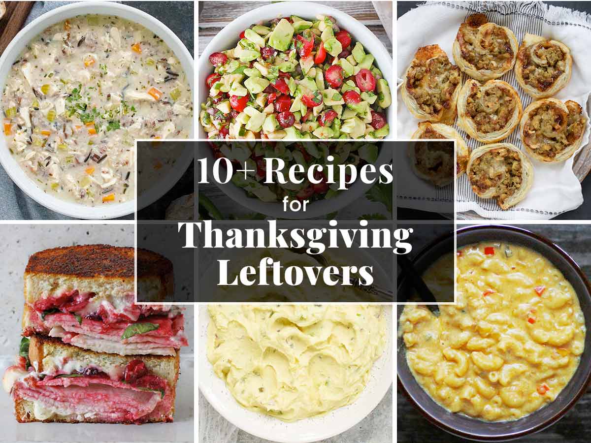 Photo collage of recipes for Thanksgiving leftovers.