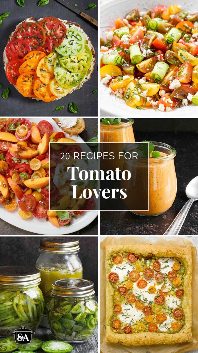 Pinterest pin image featuring a photo collage of tomato recipe photos.