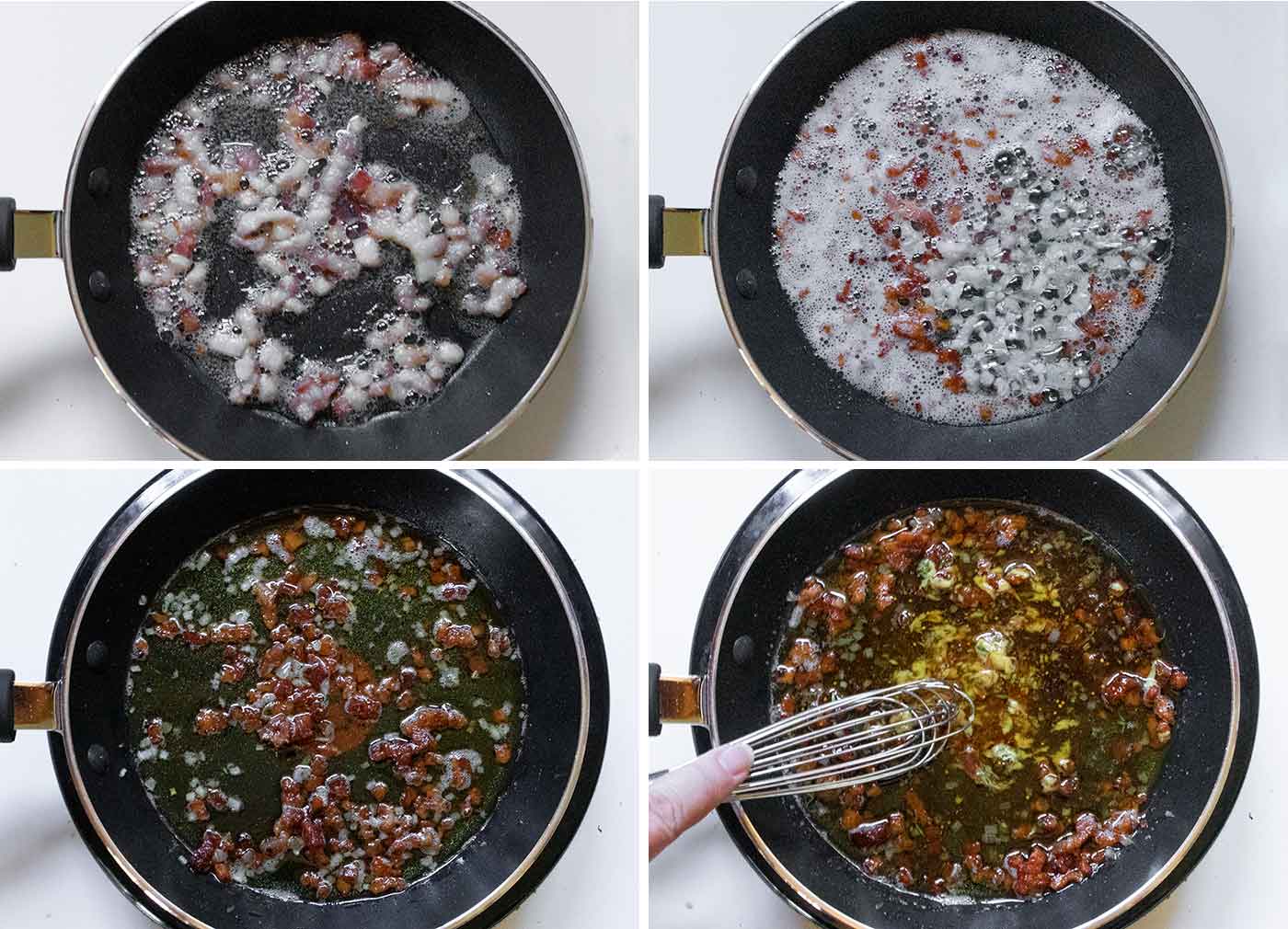 A photo collage showing the steps for making the bacon vinaigrette.