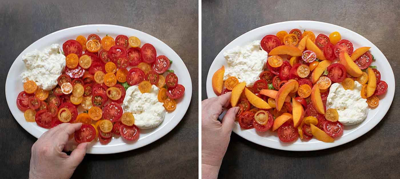 A photo duo showing adding tomatoes and peaches to the platter.