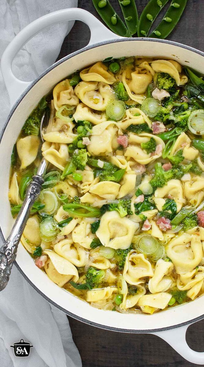 Pinterest pin image for Tortellini Primavera Soup.