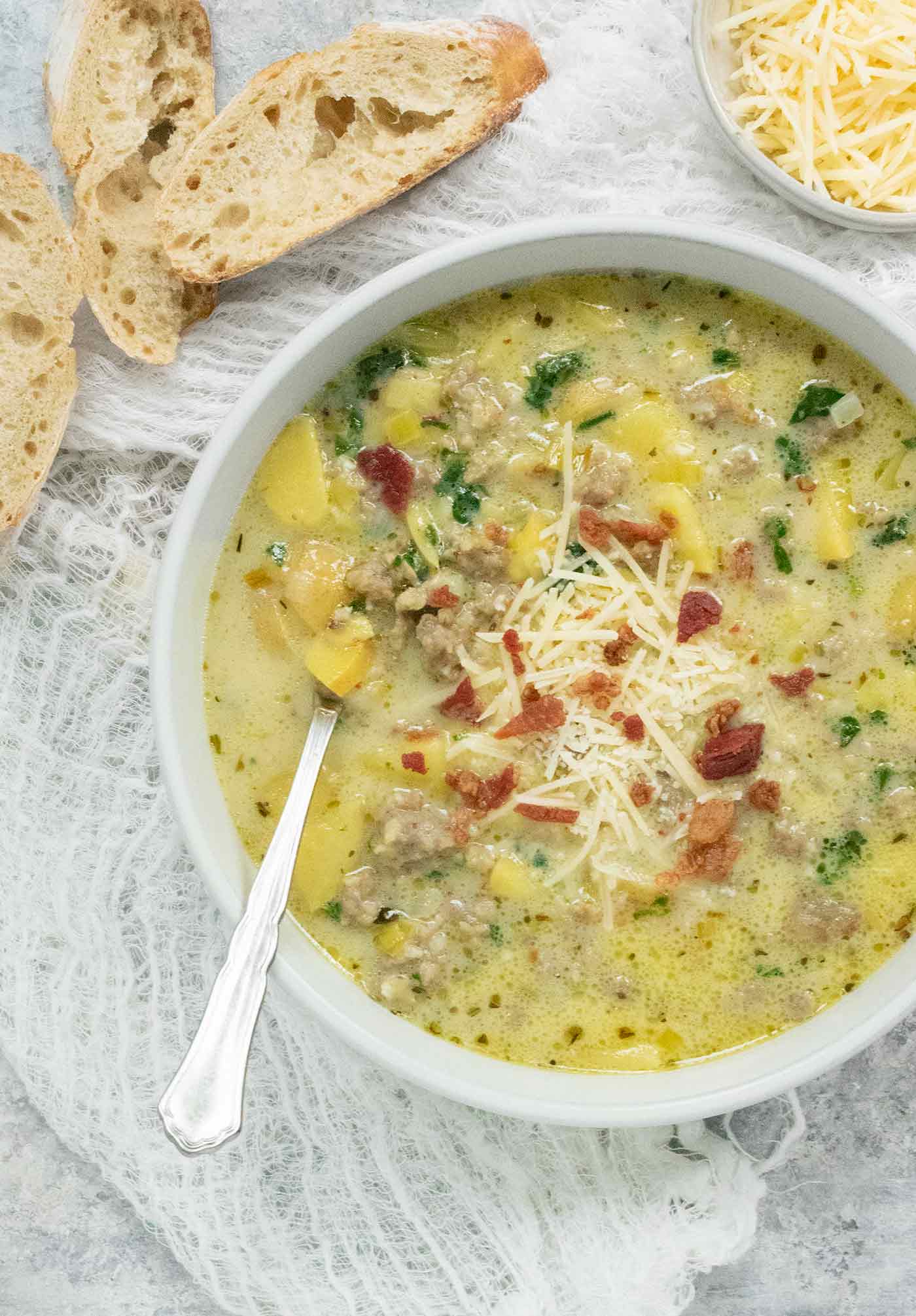 View from above of a bowl of Tuscan Potato Soup.