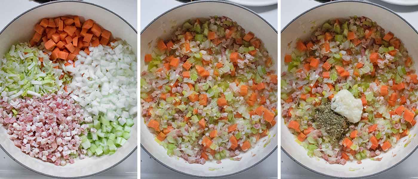 A photo trio showing sautéing the aromatics and herbs.