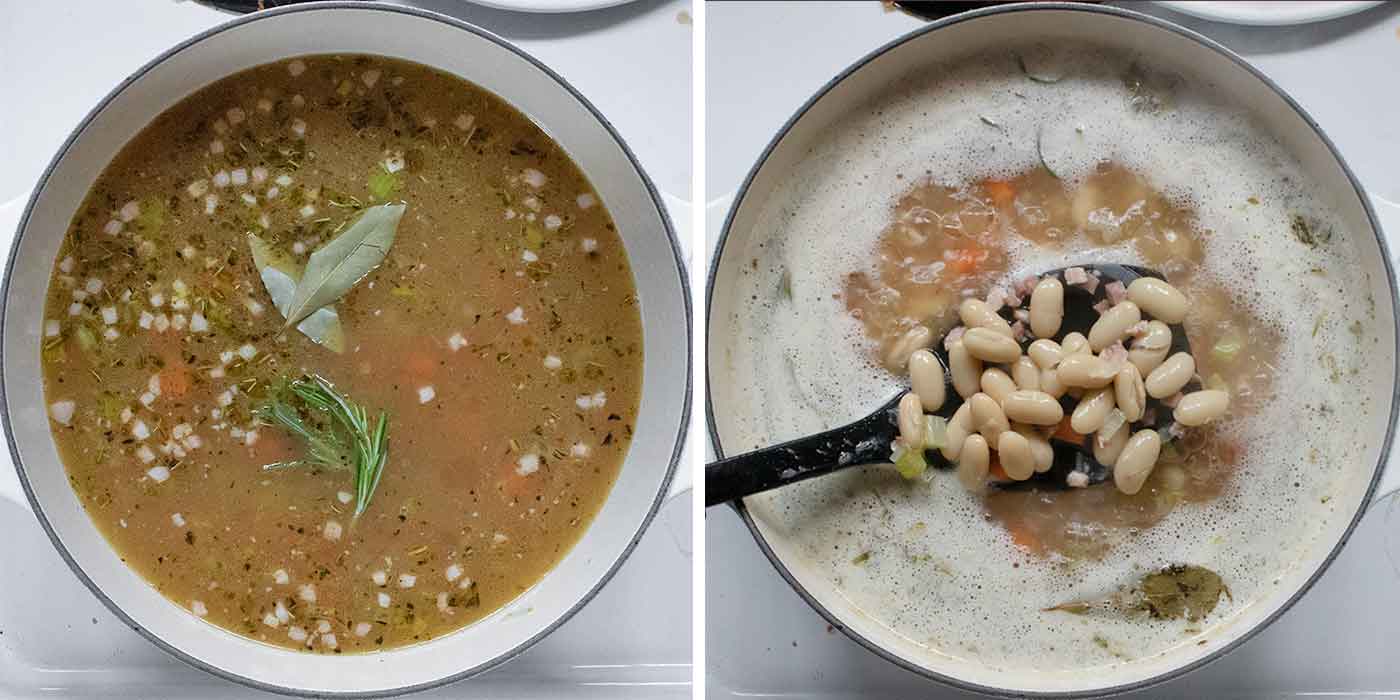 A photo duo showing cooking the soup with the beans.