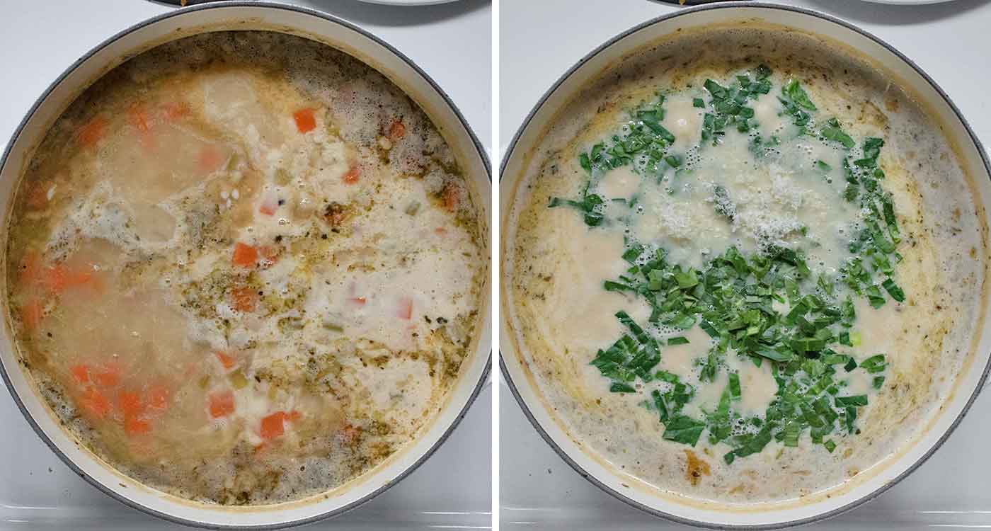 A photo duo showing finishing the soup: adding the blended beans, spinach, and parm cheese.