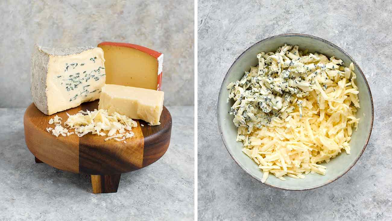 Three cheeses on a cheeseboard for the ultimate grilled cheese sandwich