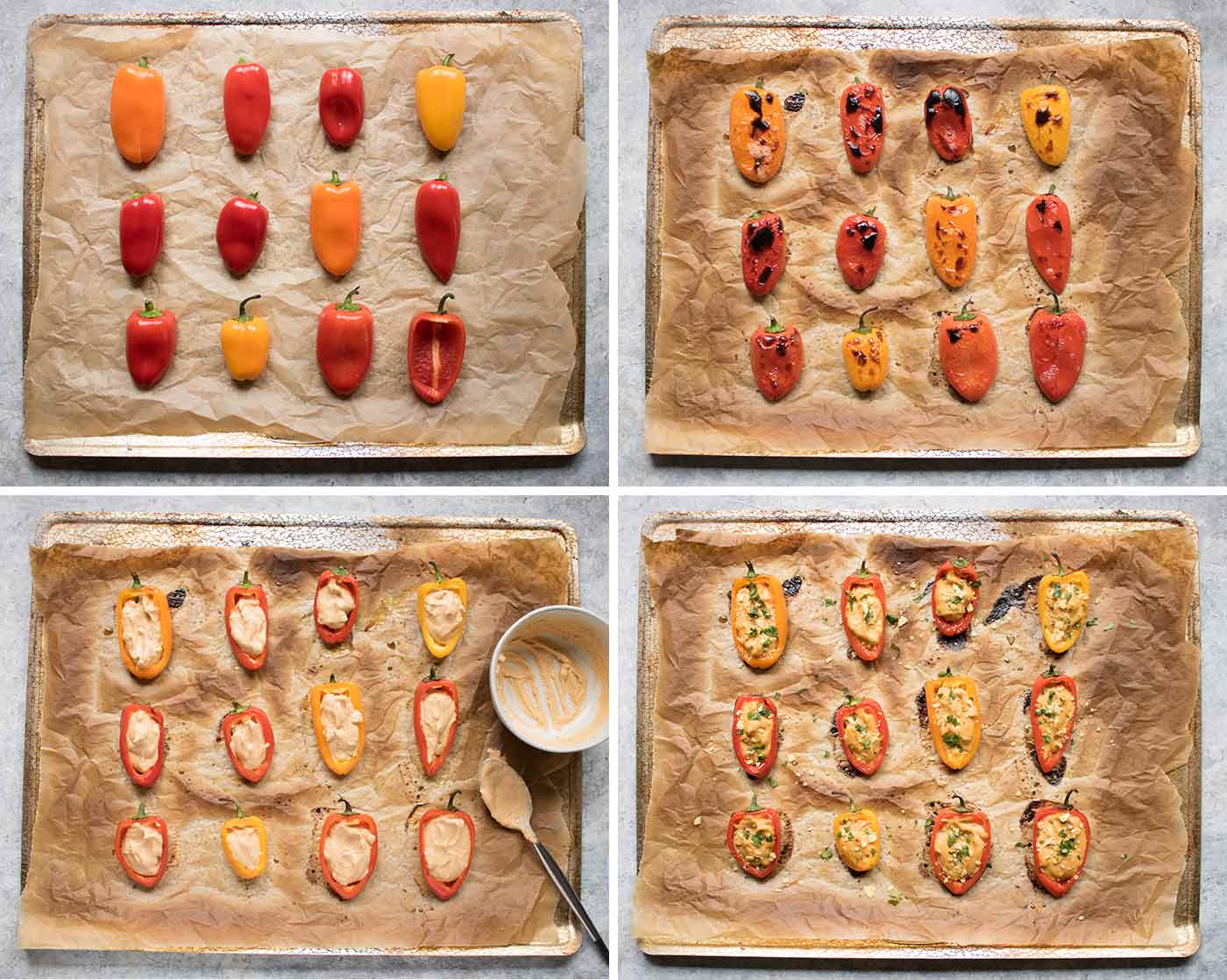 Steps for making vegan queso stuffed mini peppers