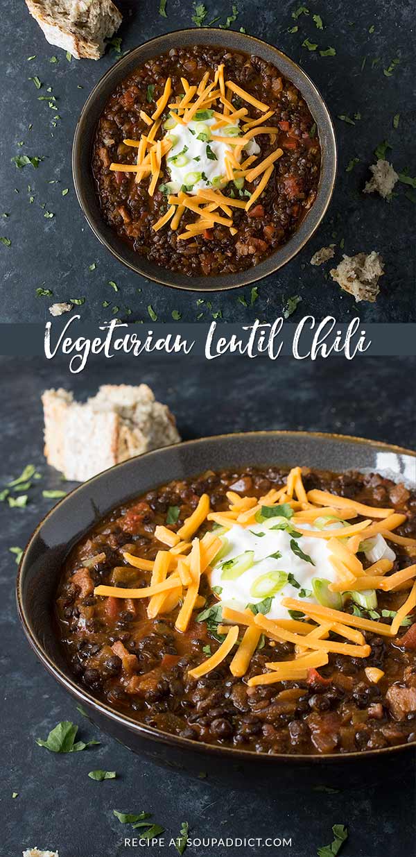 Vegetarian Lentil Chili - hands-down, my favorite vegetarian chili, ever. Lentils cooked in a rich curried bbq sauce with savory vegetables, capped with your favorite toppings. Healthy and delicious. Recipe at SoupAddict.com | lentils | chili | vegetarian | vegan | food in bowls