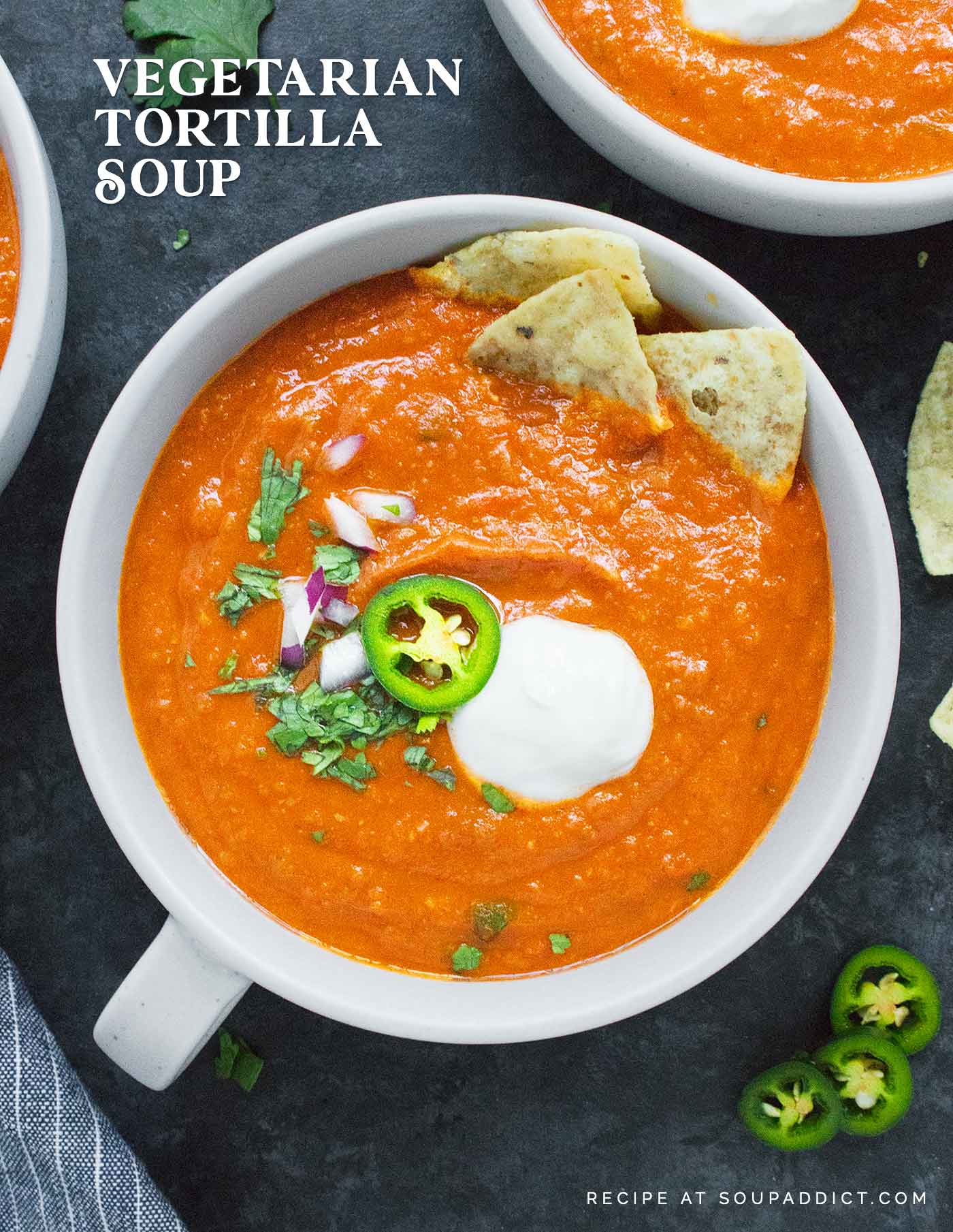 Close-up of a bowl of Vegetarian Tortilla Soup