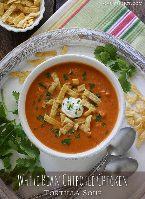 White Bean Chipotle Chicken Tortilla Soup from @SoupAddict #soup #chicken #chipotle