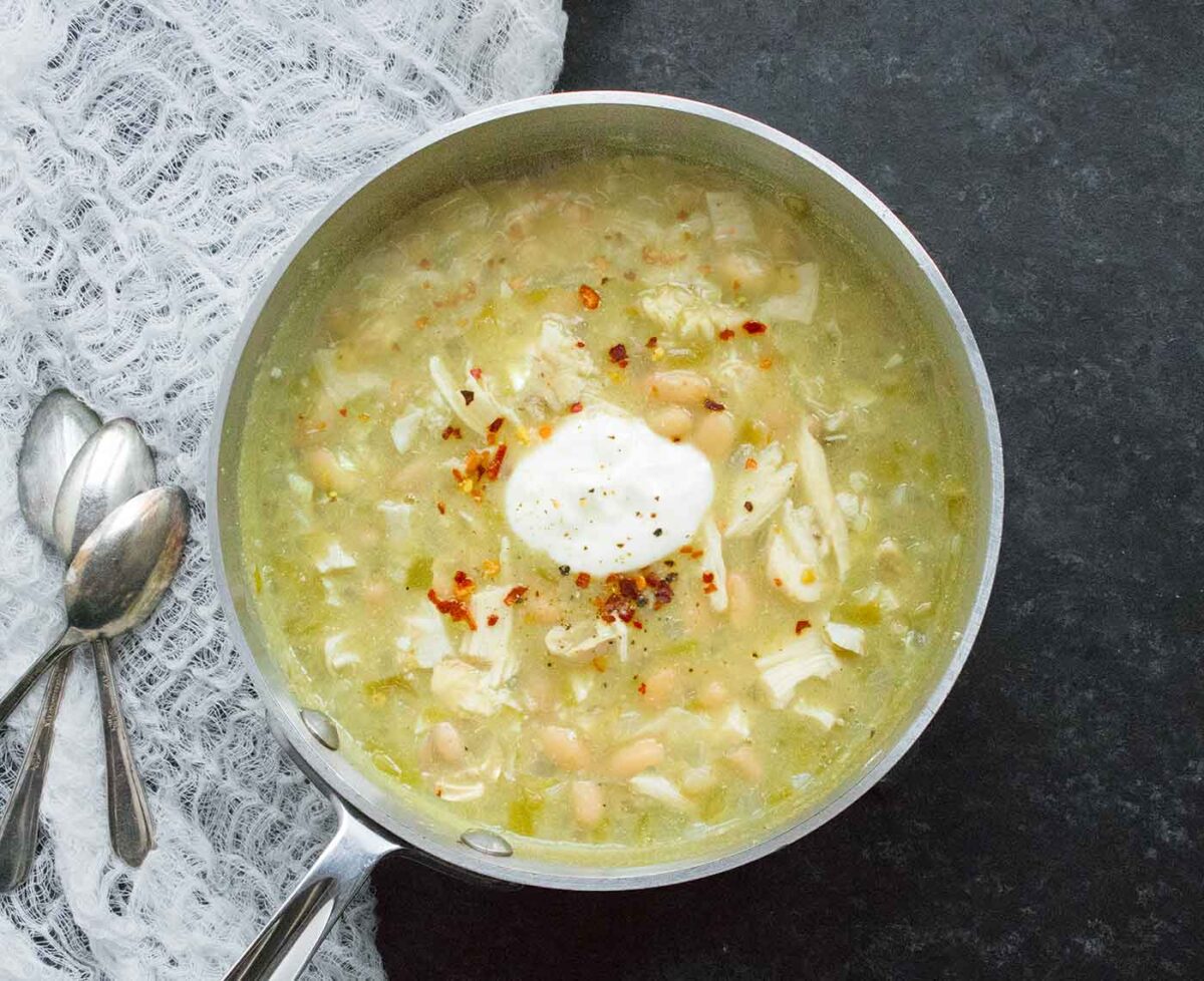 White Chicken Chili in a pot.