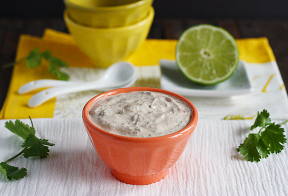 Fish taco sauce in an orange bowl