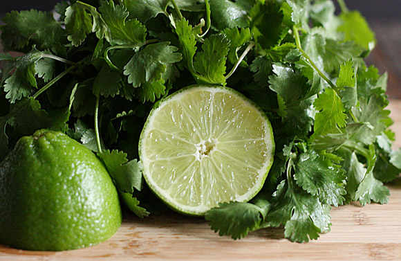 Fresh cilantro leaves with a sliced lime