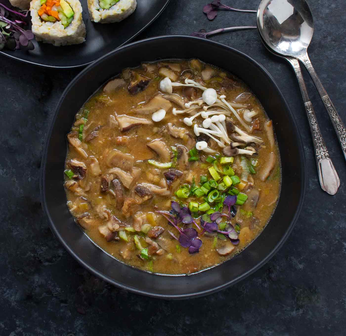An overhead view of a bowl of Wild Mushroom Miso Soup.