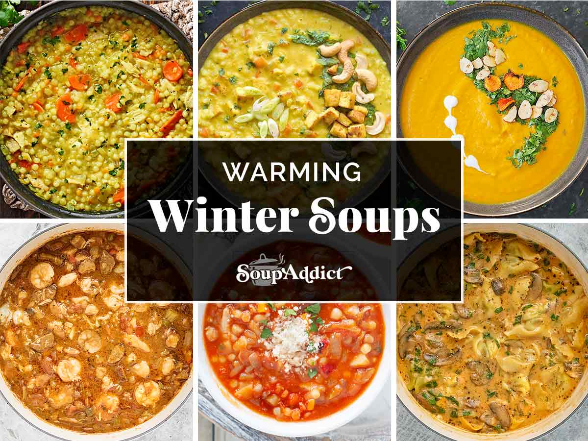 A photo collage of 6 winter soups.